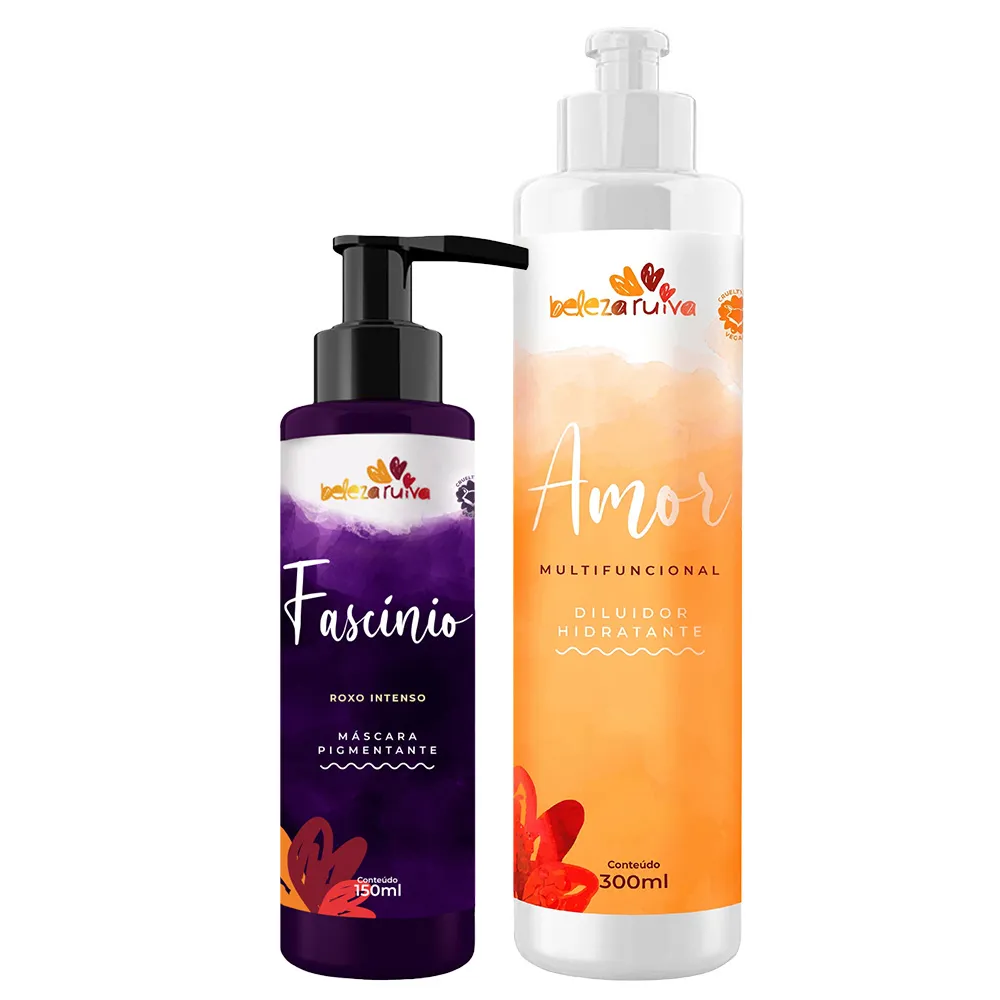 Dois frascos de produtos de beleza, um roxo e um branco com laranja, com textos de descrição