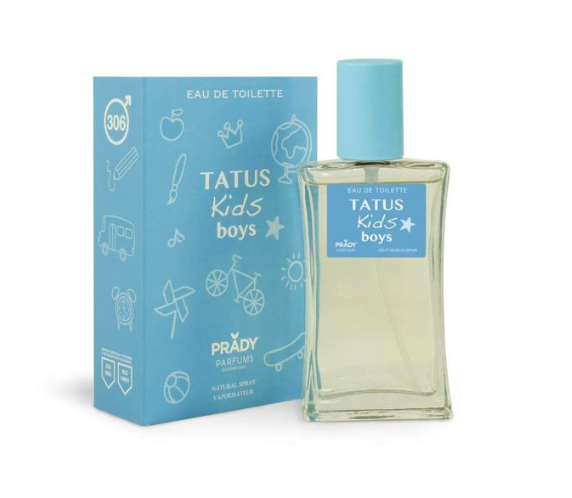 Perfume Eau de Toilette TATUS Kids boys com embalagem azul claro e frasco transparente