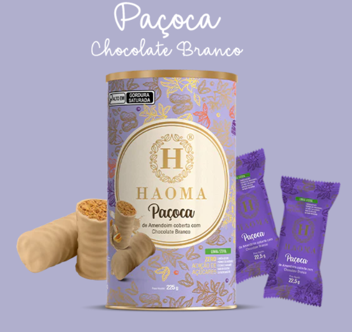 Produto Paçoca Haoma Chocolate Branco em embalagem cilíndrica e embalagens individuais roxas
