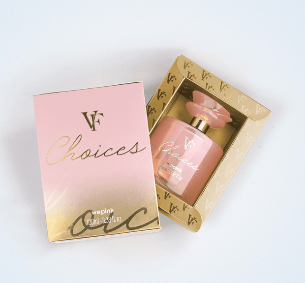 Frasco rosa de perfume VF Choices com caixa rosa e dourada