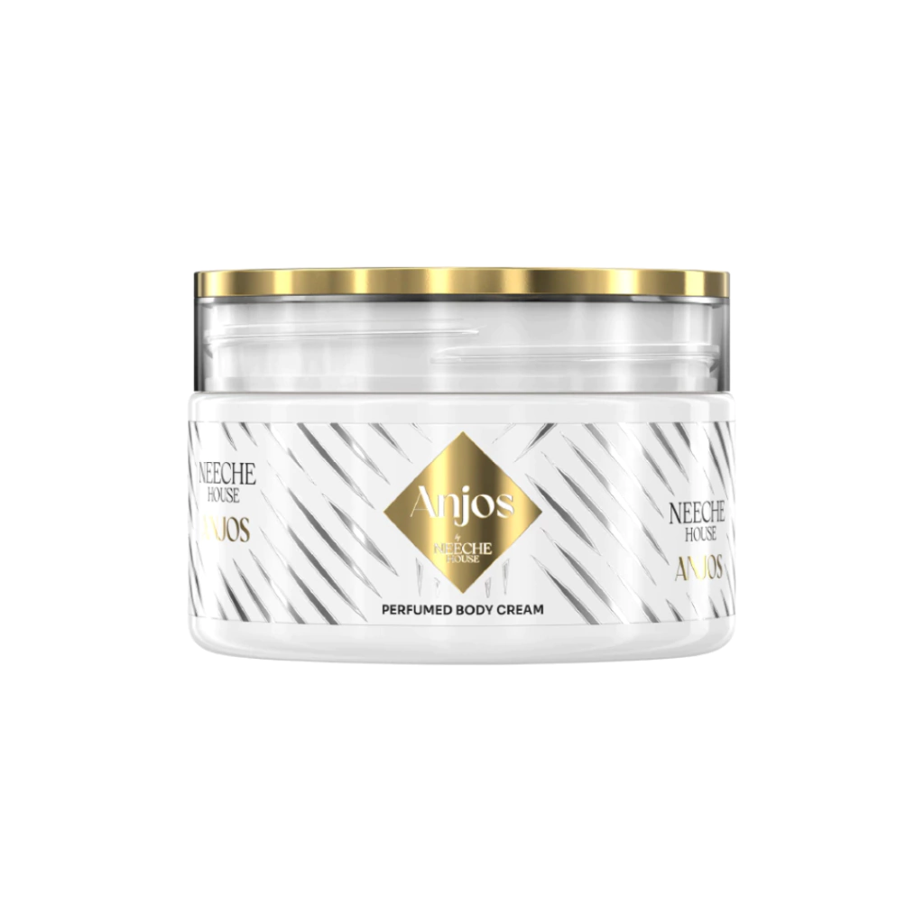 Creme corporal perfumado Anjos NEECH HOUSE em embalagem branca com detalhes dourados