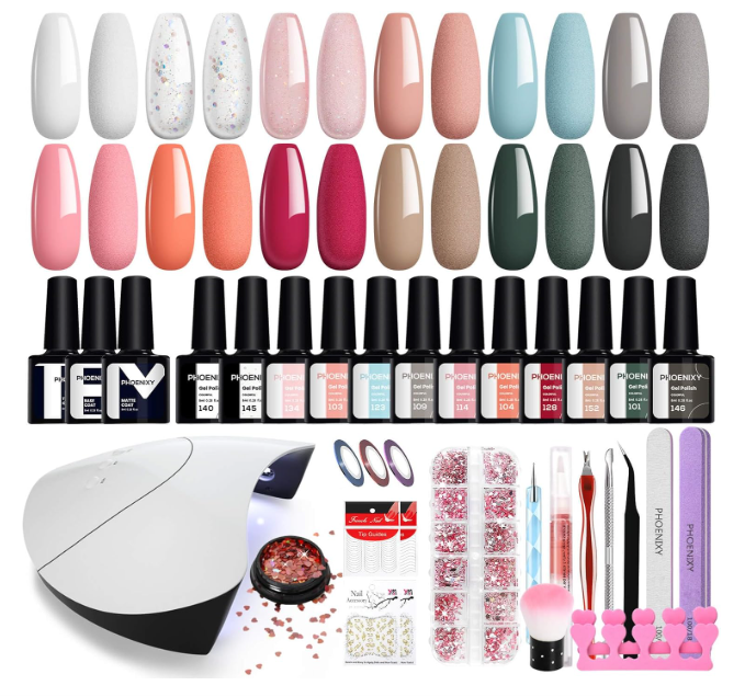 Conjunto de vernizes de unhas coloridos, lâmpada UV e acessórios para manicure