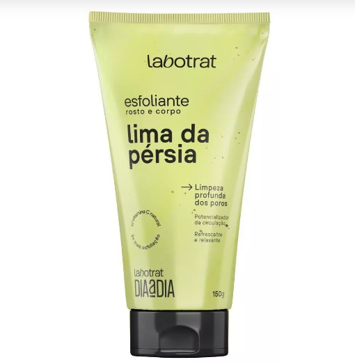Embalagem amarela com tampa preta do esfoliante Labotrat lima da pérsia 150g