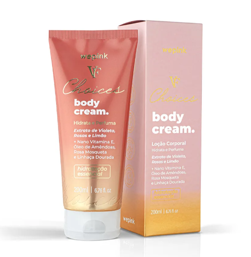 Creme corporal Wepink em tubo rosa com caixa rosa claro e dourada