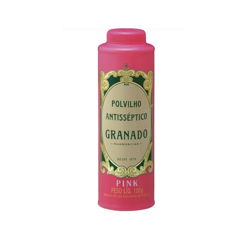 Frasco rosa de Polvilho Antissético Granado com rótulo verde e creme.