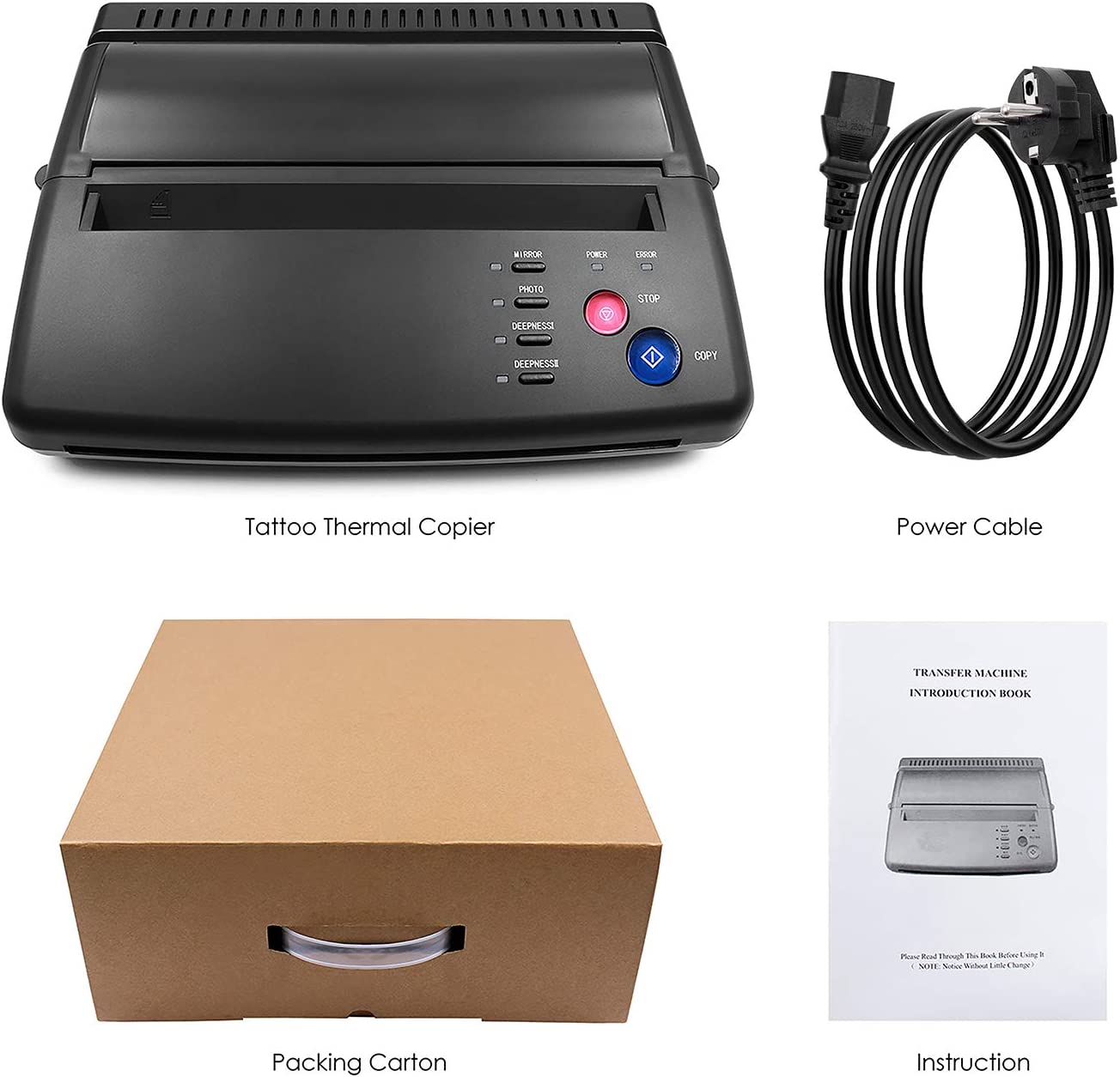 Copiador térmico preto para tatuagens com acessórios e manual