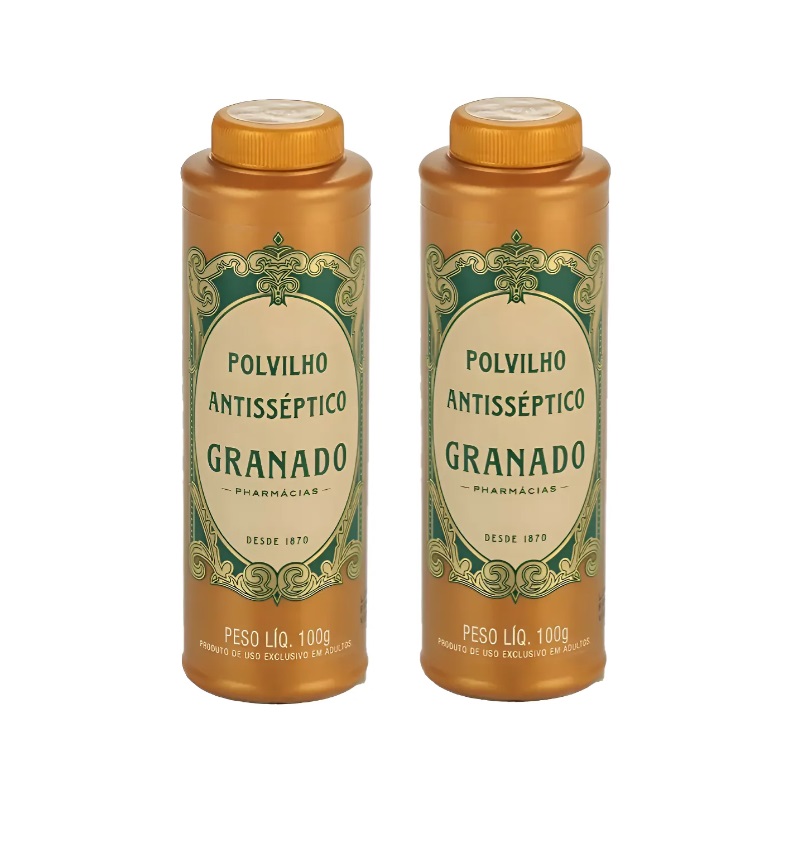 Dois frascos laranja de Polvilho Antisséptico Granado com rótulos verdes e brancos