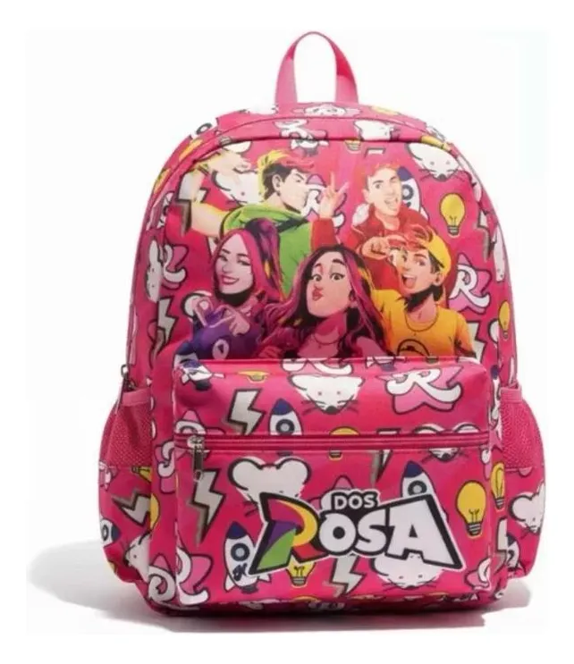 Mochila rosa com padrão de personagens de desenho e texto DOS ROSA