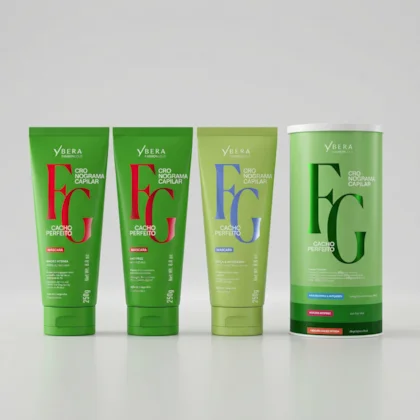 Produtos para cabelo verdes Vbera com letras FG em vermelho, azul e preto, e embalagens de 250g e 1kg