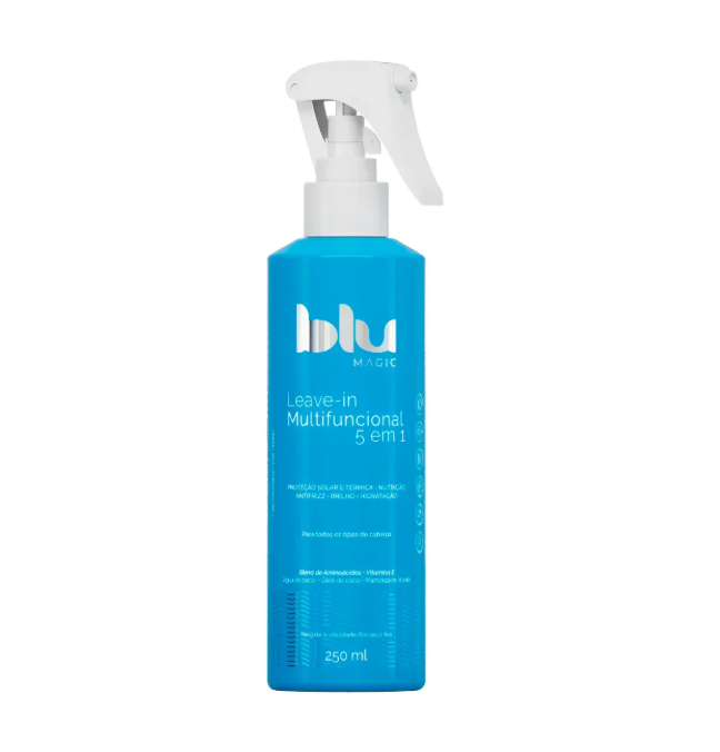 Frasco azul de leave-in multifuncional blu MAGIC 250 ml com pulverizador branco