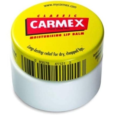 Frasco de bálsamo labial Carmex com tampa amarela e texto vermelho e preto