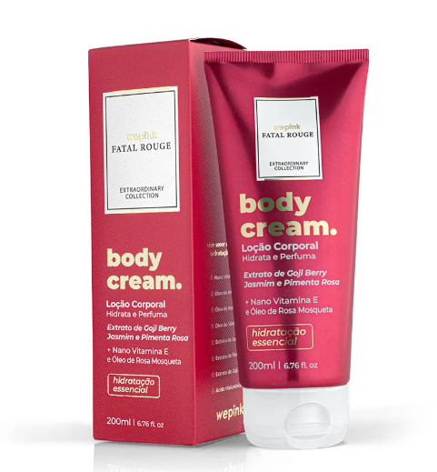 Creme corporal Fatal Rouge em tubo rosa escuro com caixa correspondente