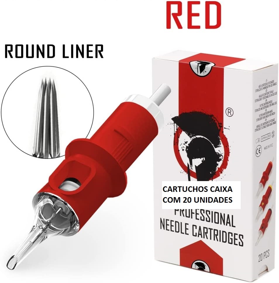 Cartucho de agulhas vermelho para tatuagem com caixa branca e detalhes em vermelho