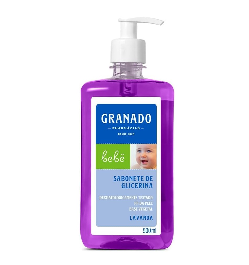 Sabonete líquido roxo Granado para bebé com tampa branca e rótulo azul e verde