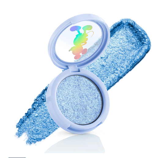 Sombra de olhos azul cintilante em embalagem compacta com tampa transparente
