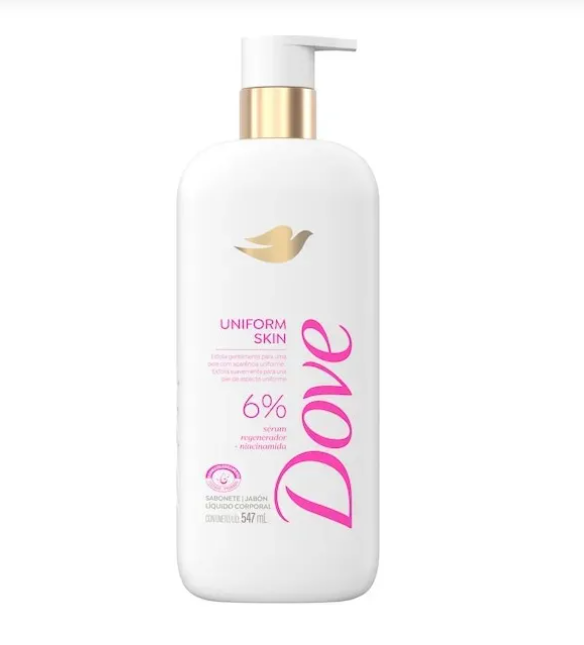Frasco branco com bomba dosadora dourada e branca com sabonete líquido Dove Uniform Skin