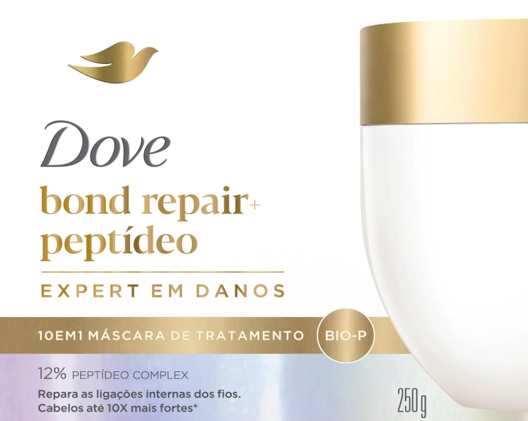 Embalagem branca e dourada de máscara de tratamento Dove bond repair+ peptídeo