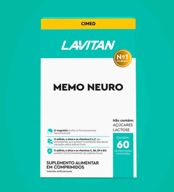 Embalagem de suplemento alimentar MEMO NEURO LAVITAN com 60 comprimidos