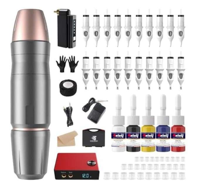 Kit completo de máquina de tatuagem com agulhas, tintas, luvas e acessórios