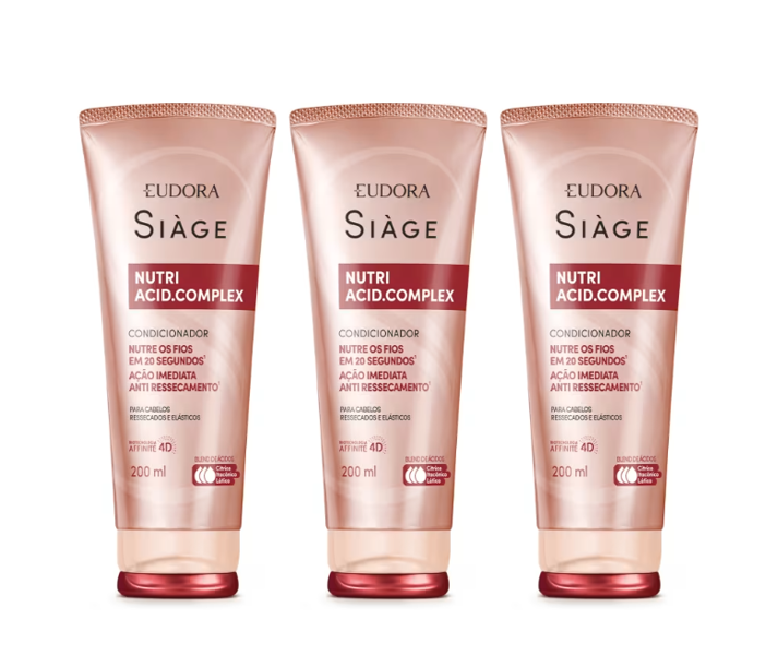 Três frascos rosa de condicionador Eudora Siàge Nutri Acid Complex 200 ml com tampa vermelha e texto em vermelho e preto