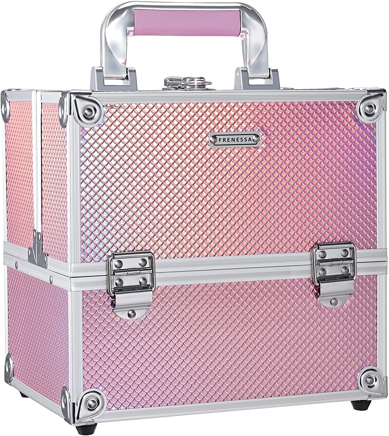 Maleta rosa metálica texturizada com alça e trancas prateadas