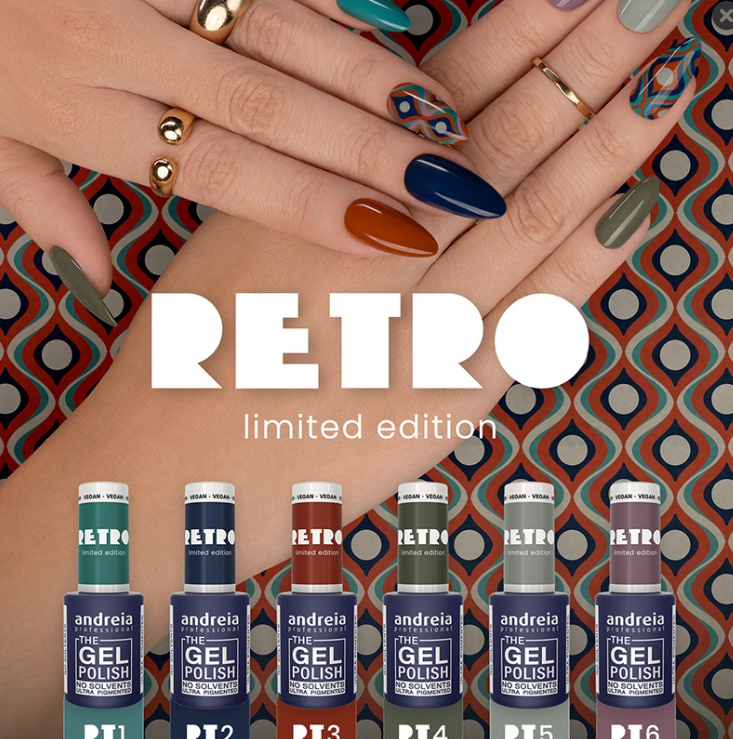 Verniz gel para unhas coleção RETRO limited edition com seis cores variadas e padrão retro no fundo