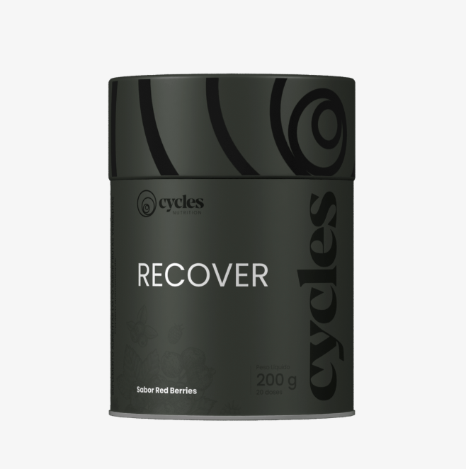 Recipiente preto fosco para suplemento alimentar RECOVER da Cycles Nutrition com tampa preta decorada