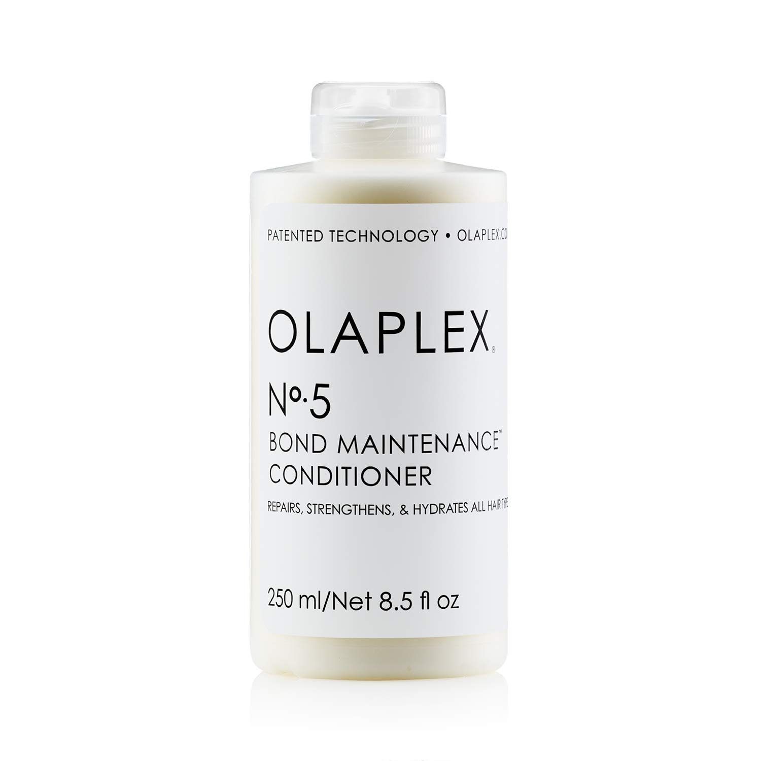 Frasco branco de condicionador Olaplex Nº5 Bond Maintenance com texto preto