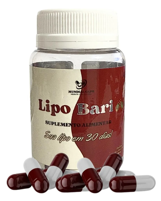 Frasco plástico com cápsulas bicolores castanho e branco e rótulo Lipo Bari