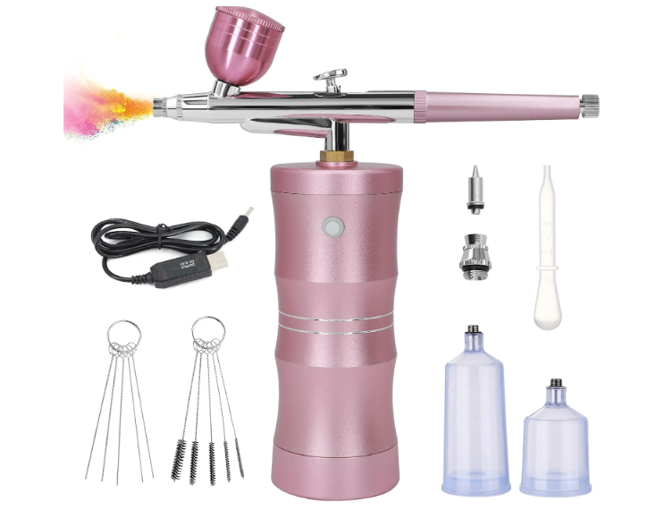 Conjunto de aerógrafo rosa metálico com compressor e acessórios