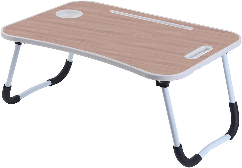 Mesa portátil de madeira clara com pernas brancas e apoios pretos