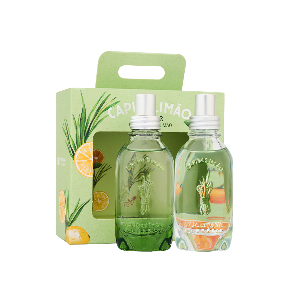 Conjunto de dois frascos de perfume com embalagem verde clara e decorada com limões