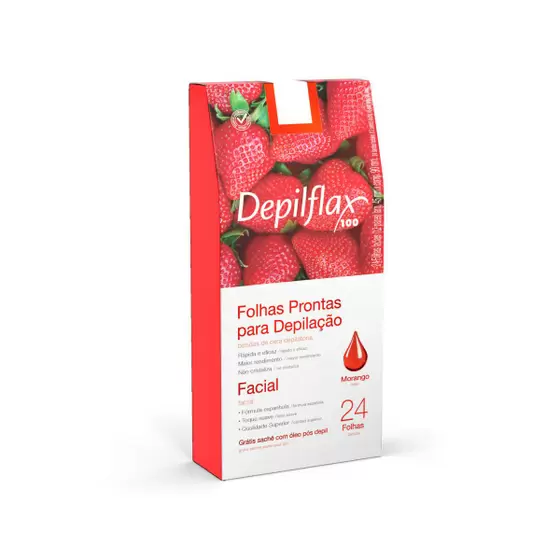 Caixa de folhas para depilação facial Depilflax com imagem de morangos