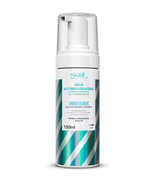 Frasco de espuma branca e azul metálico de água autobronzeadora Skelt 150ml