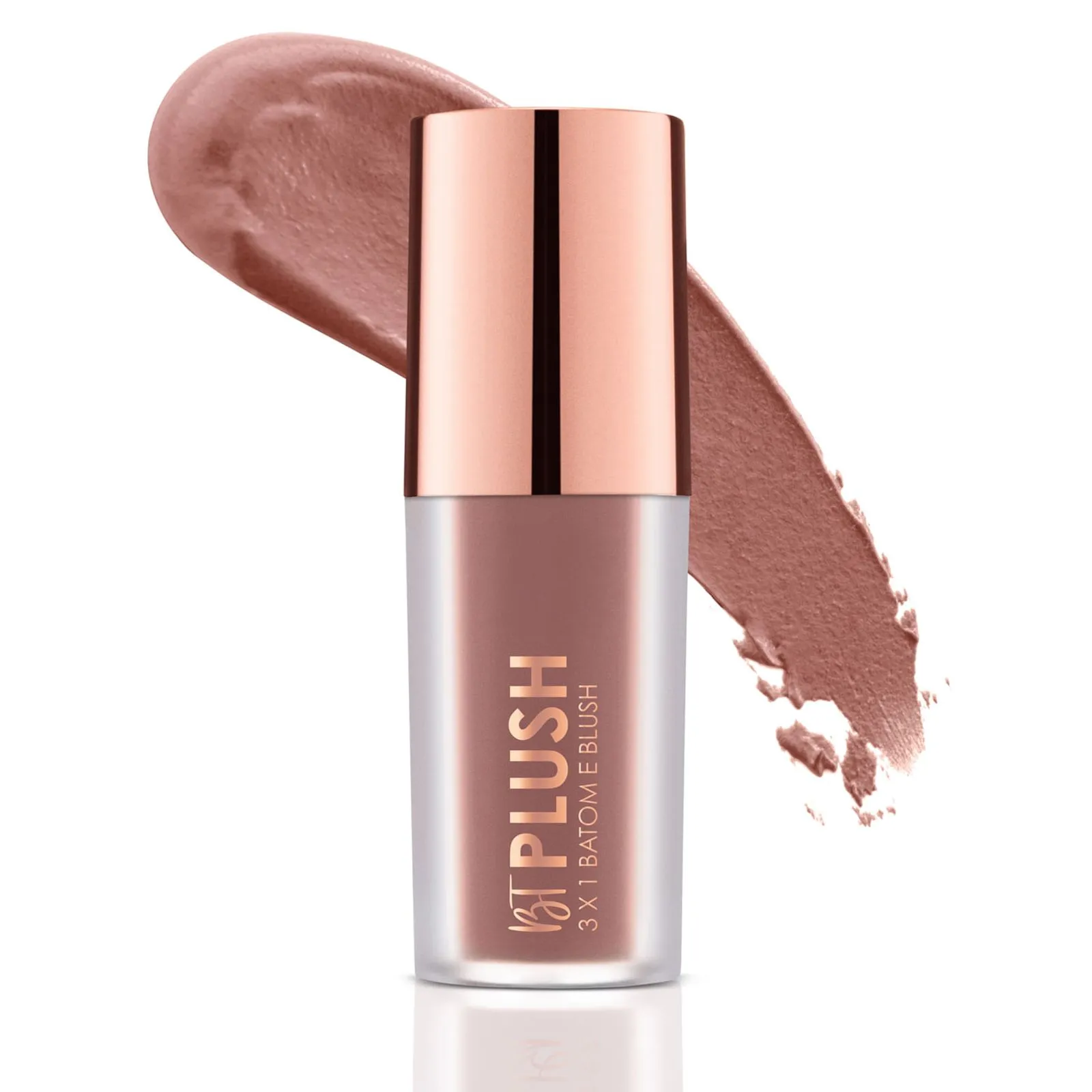Frasco de blush rosa acastanhado com tampa dourada e texto dourado