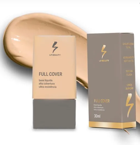 Base líquida full cover LP Beauty com embalagem e caixa ao lado