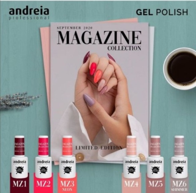 Seis frascos de verniz gel Andreia Professional em várias cores, revista e chávena de café numa mesa azul clara.