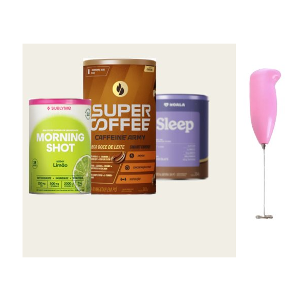 Três latas de suplementos alimentares e um mixer portátil cor de rosa