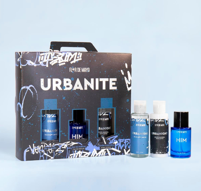 Conjunto Urbanite AR DE MAYO com três frascos, embalagem preta e azul