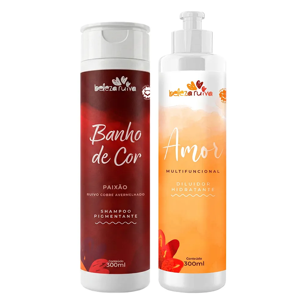 Dois frascos de shampoo pigmentante e diluidor hidratante com rótulos vermelho e laranja