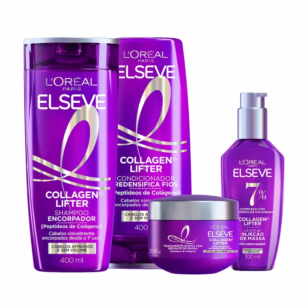 Produtos LOréal Elseve Collagen Lifter em embalagens roxas