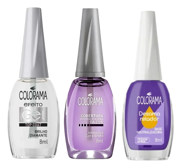 Três frascos de verniz Colorama com tampas cinza e branca, incluindo top coat, cobertura intensificadora e base desamareladora.