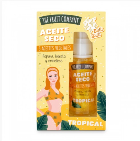 Frasco de óleo seco tropical de 5 aceites vegetales da THE FRUIT COMPANY com embalagem amarela e ilustração de mulher.
