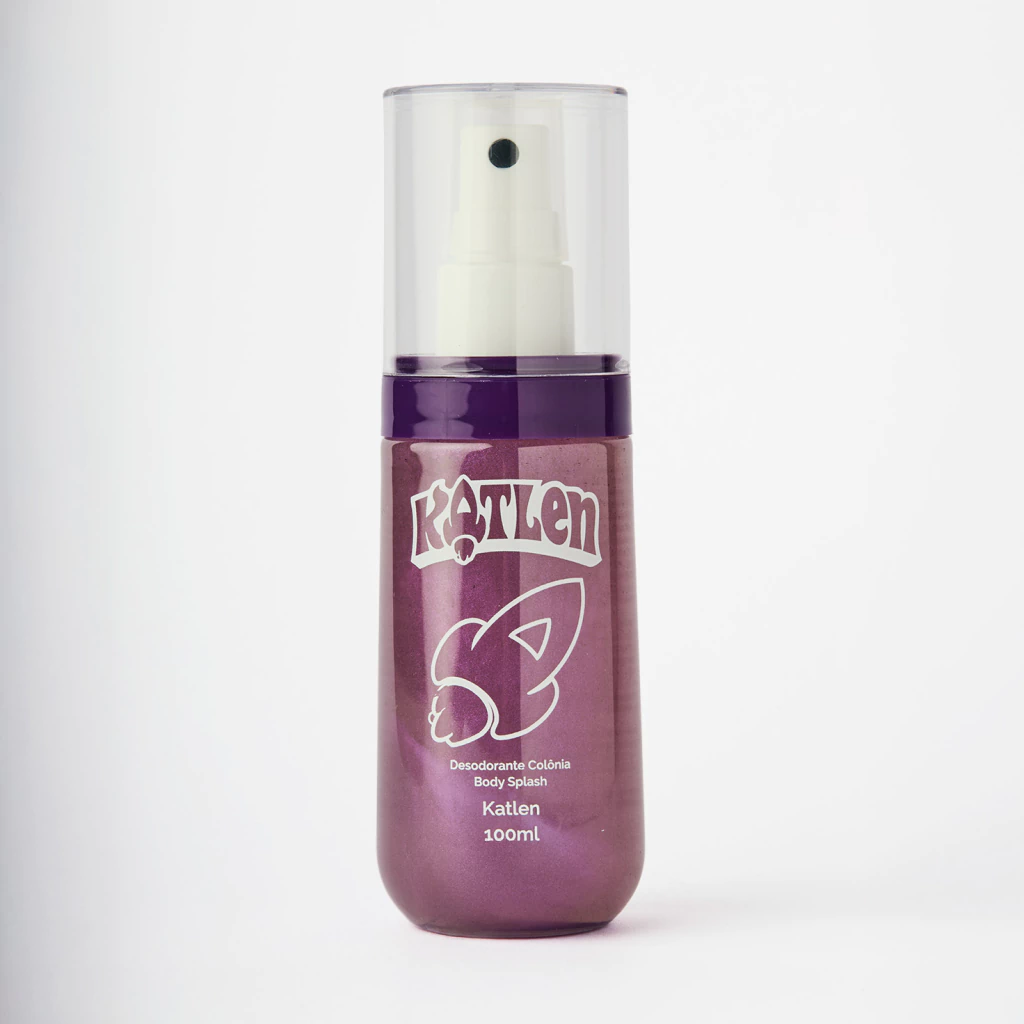 Frasco spray roxo com tampa transparente e texto branco Katlen Body Splash