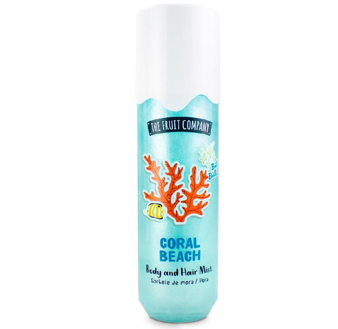 Spray corporal e capilar CORAL BEACH da THE FRUIT COMPANY em embalagem azul com coral e peixe amarelo.