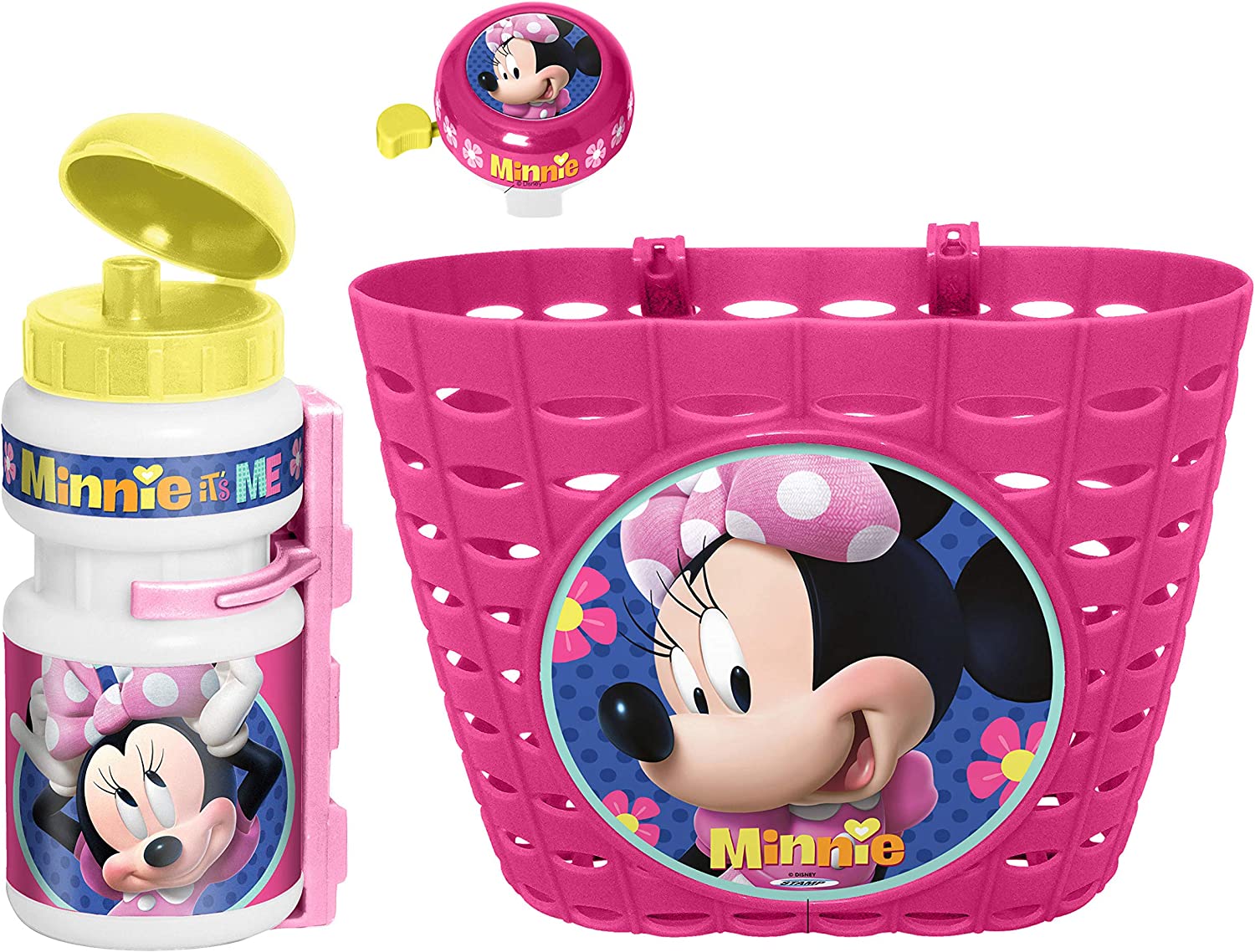 Conjunto Minnie Mouse com cesta rosa e bidão amarelo e branco