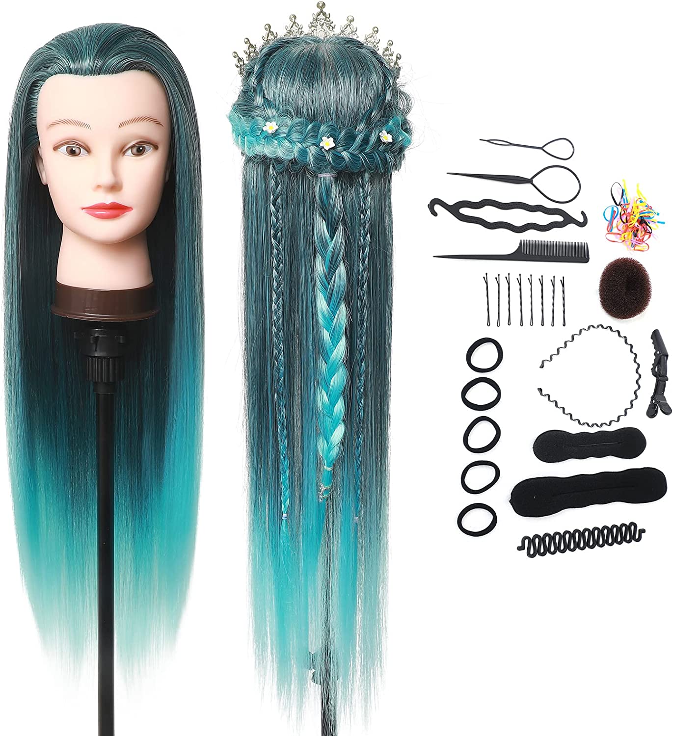 Cabeças de manequim com cabelo azul e acessórios para penteados