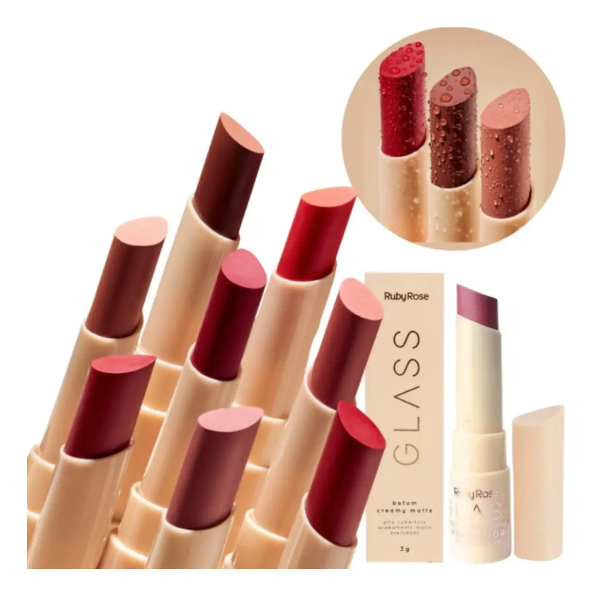 Batons Ruby Rose GLASS mate cremosos em tons variados com embalagem bege.