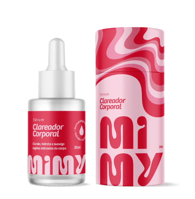 Frasco de serum clareador corporal e embalagem com design em vermelho e rosa