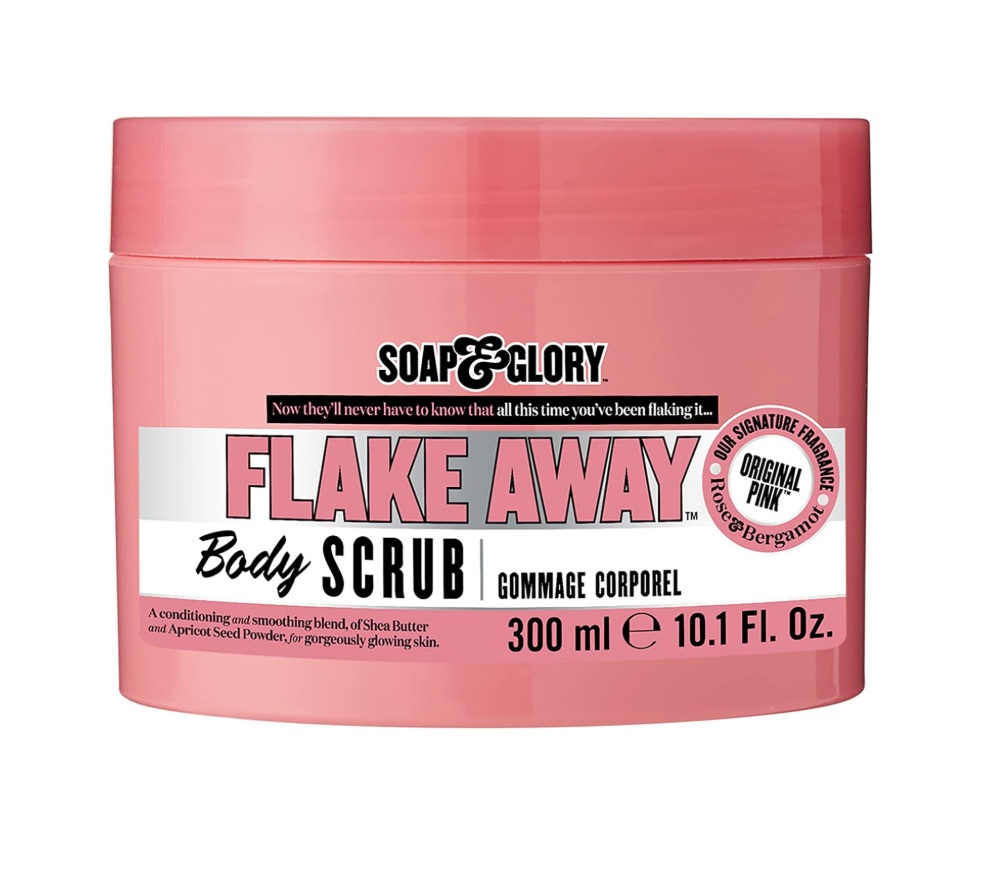 Esfoliante corporal Flake Away em frasco rosa com rótulo da Soap & Glory